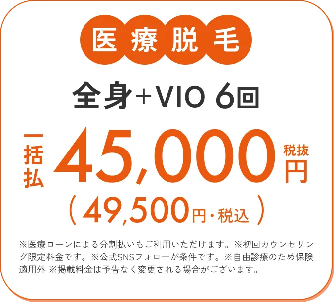 医療脱毛 全身+VIO 6回 一括払税込49,500円
